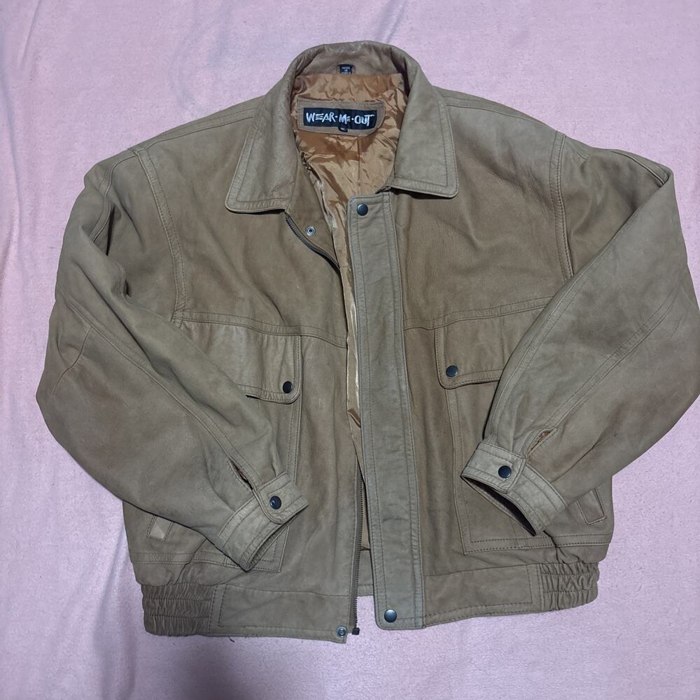 Men’s Vintage Wear Me Out Tan Leather Jacket XL Snap Front Lined Coat No Zipper